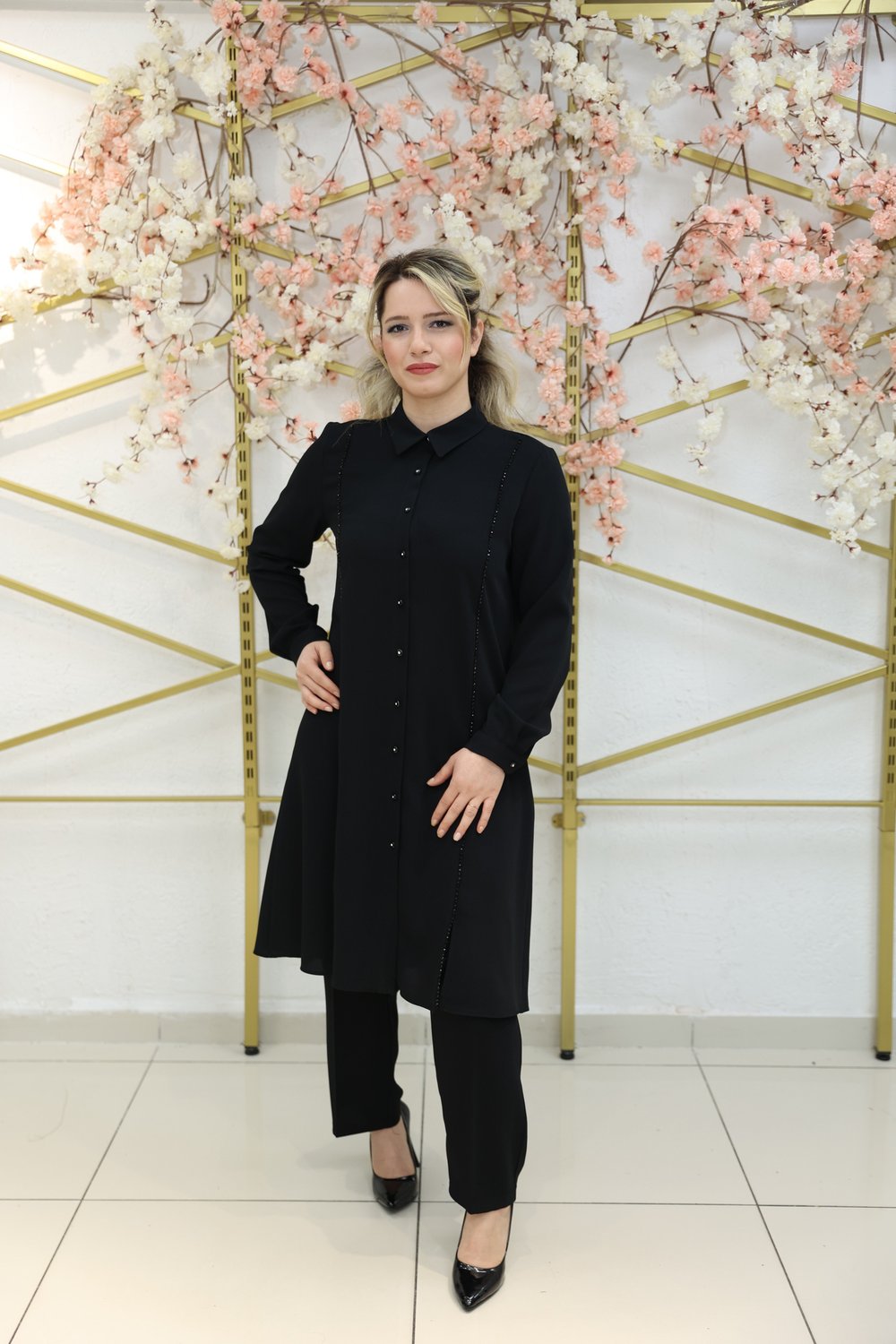 ZAREL – Boncuk Şerit Detaylı İkili Takım - Siyah