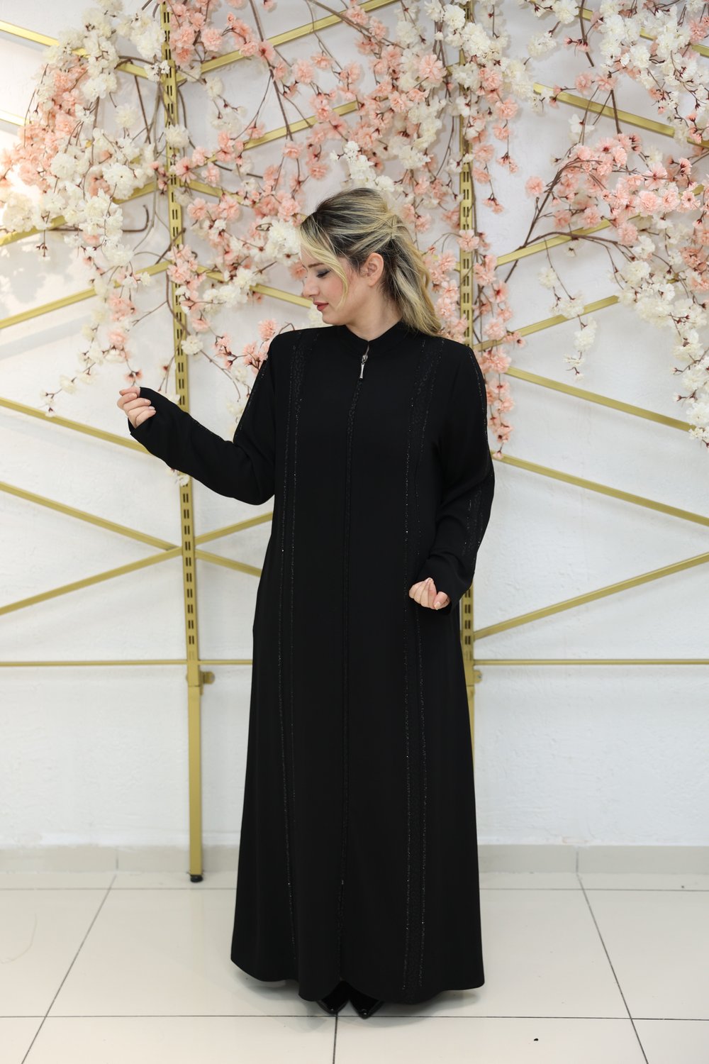 ZARİFE – Leopar Detaylı Taş Şeritli Ferace