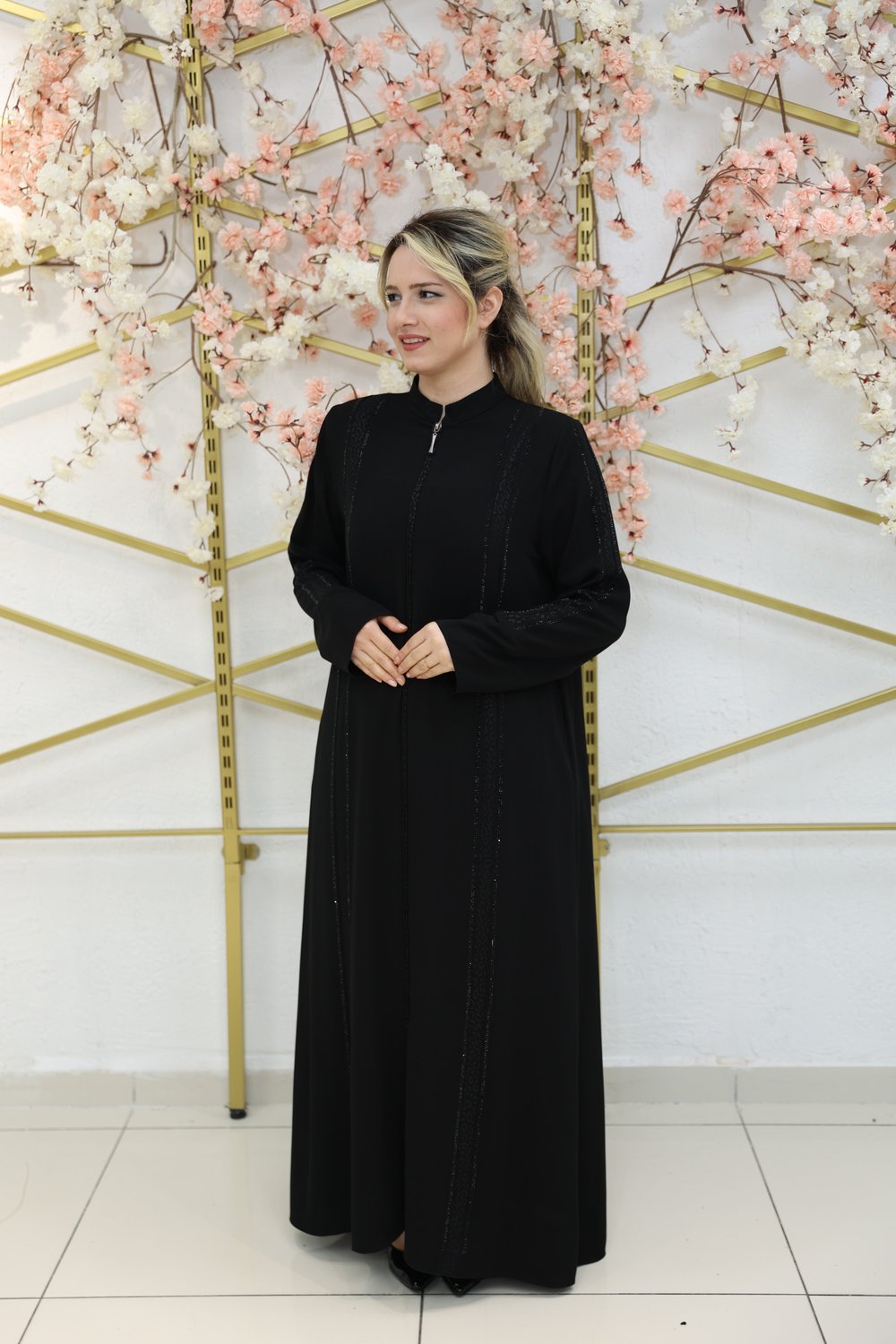 ZARİFE – Leopar Detaylı Taş Şeritli Ferace