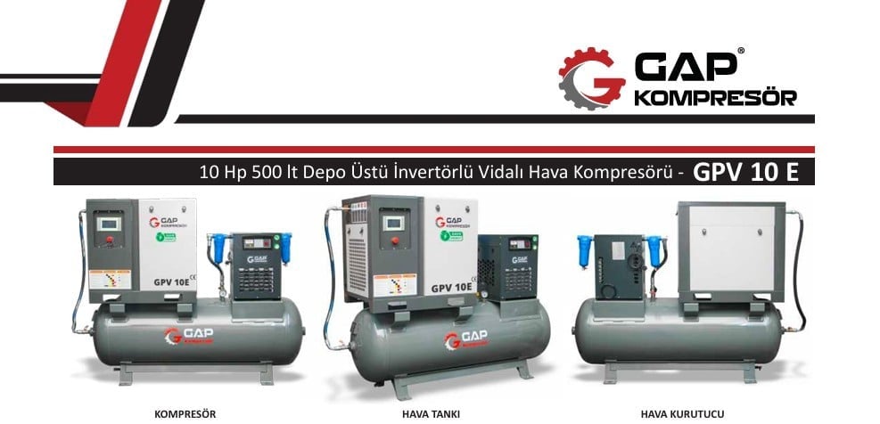 7.5 kW 10 Hp 500 lt Depo Üstü İnvertörlü Vidalı Hava Kompresörü | GPV 10E 