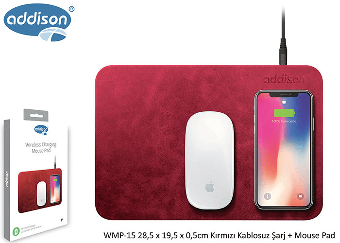 Addison WMP-15 28.5x19.5x0.5Ccm Kırmızı Kablosuz Şarj+Mouse Pad