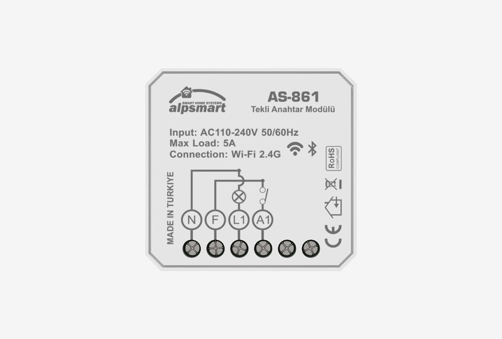 Alpsmart AS-861 Tekli Akıllı Wi-Fi Anahtar Modülü