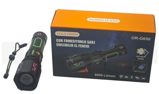 Gold Orion Or-G650 200W Zoomlu 6000 Lümen Powerbank Şarjlı El Feneri