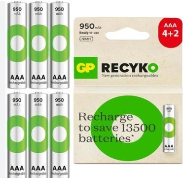 Gp Reycko 950 mAh AAA Şarjlı İnce Kalem Pil 6 Lı Paket Halinde