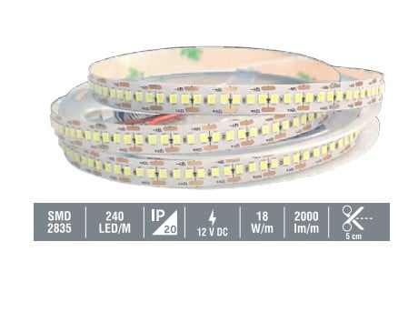 İnoled 4316-02 12 Volt 2835 Günışığı 3 Çip Silikonsuz Şerit Led 240 Led - 5 Metre