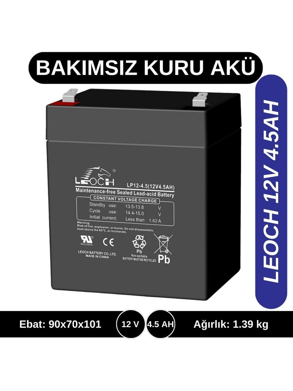 Leoch LP12-4.5 12V 4.5Ah Bakımsız Kuru Akü