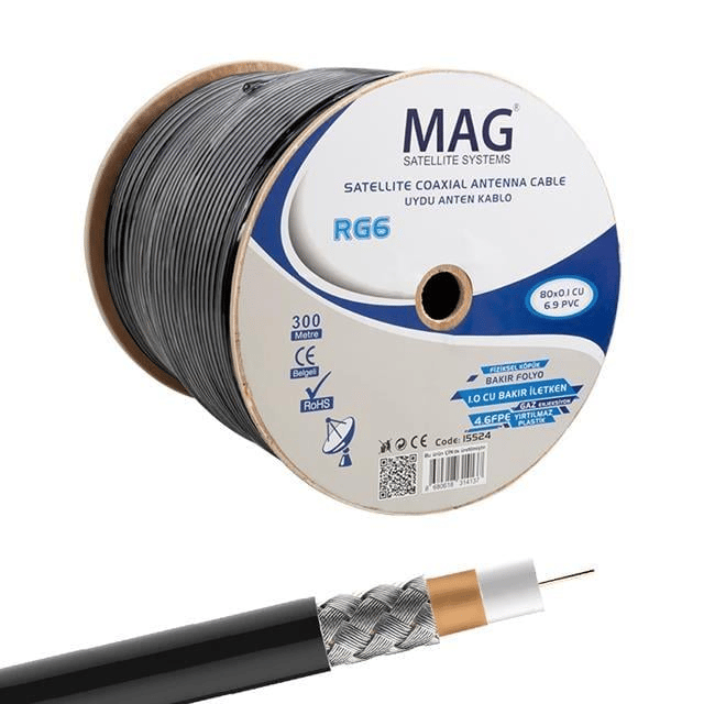 Mag RG6-U6 Cu-Cu Bakır Yeşil Anten Kablo 300 Mt