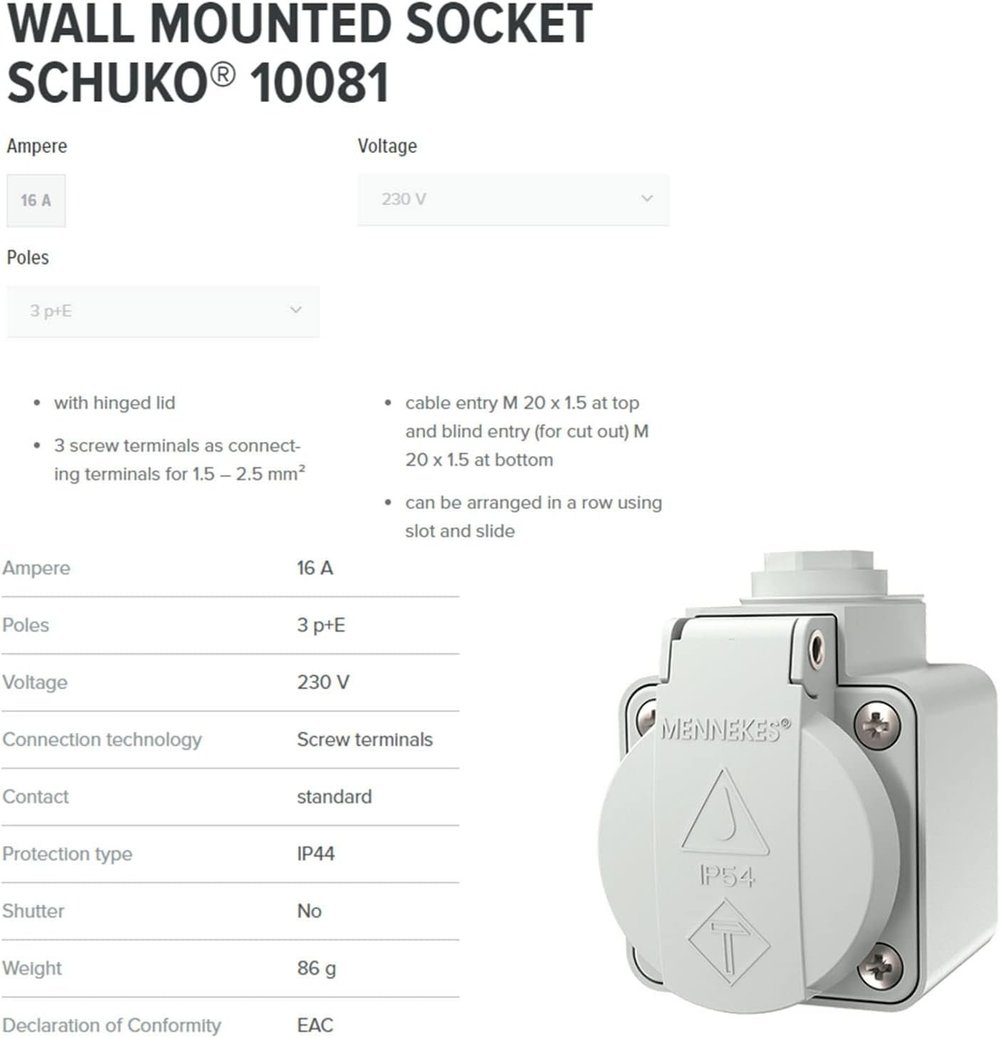 Mennekes 10081 Duvar Tipi Priz SCHUKO 16A 230V IP44