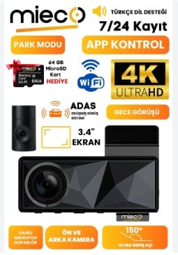 Mieco A11 Wifi/ 4K UHD/ 150° Ultra Geniş Açı/ GPS/ ADAS/ Ön+Arka Araç Kamerası