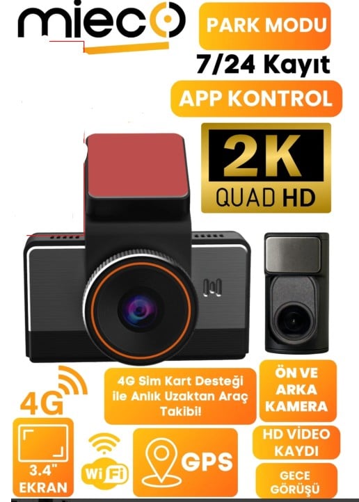 Mieco G4 2K QHD / GPS / 4G / Wifi / 140° Geniş Açı / Gece Görüşü / Ön + Arka Kamera / Sim Kartlı Araç Kamerası