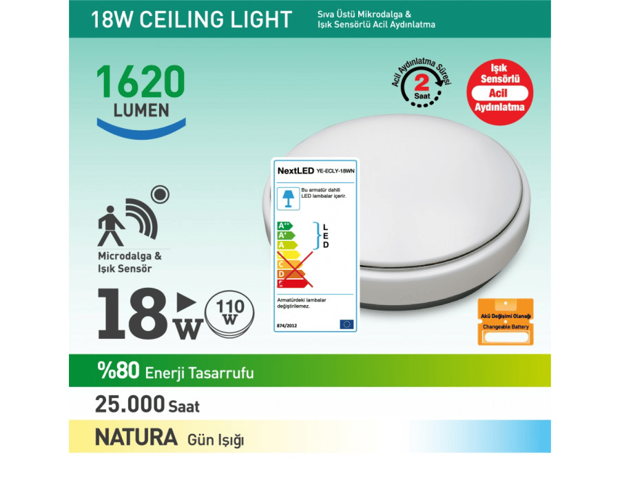 NextLed YE-ECLY-18WN 18W Natura Sensörlü Acil Aydınlatmalı Led Armatür Spod Led