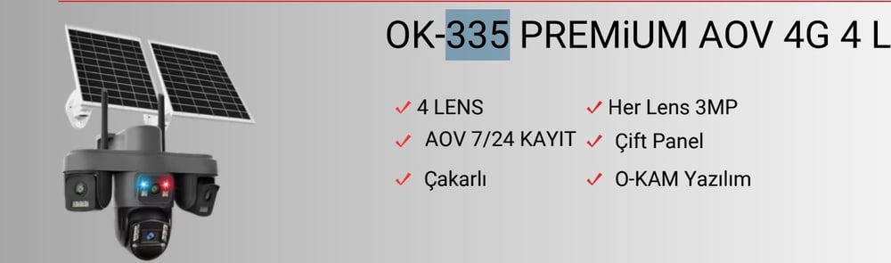O-KAM OK-335 Premium 4 Kameralı 12mp 4G Sim Kartlı Solar Çift Güneş Panelli Güvenlik Kamerası