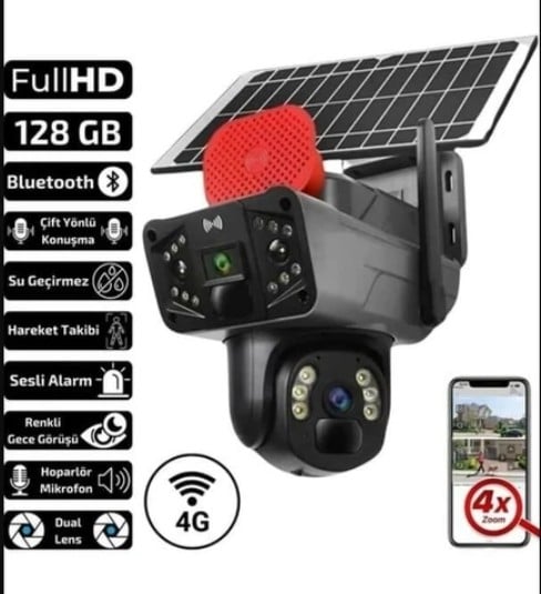 O-KAM Pro 3815 4G Sim Kartlı Solar Siren + Çift Yön Ses + Işık IP66 Kamera 6MP 2 Lens 3 Görüntü