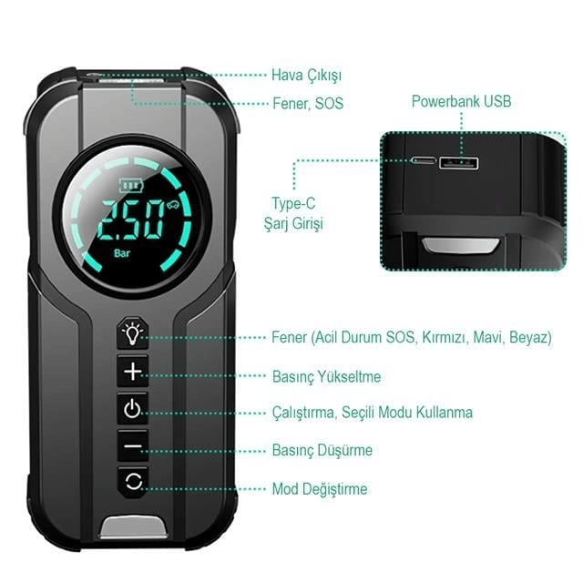 PowerMaster Powerbank Araç Akü Şarj Lastik Hava Kompresörü Şişirici Taşınabilir Dijital Kablosuz El Feneri