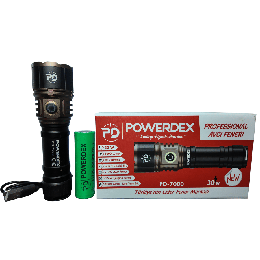 Powerdex PD-7000 Güçlü Şarjlı El Feneri 3000 Lümen 30 Watt