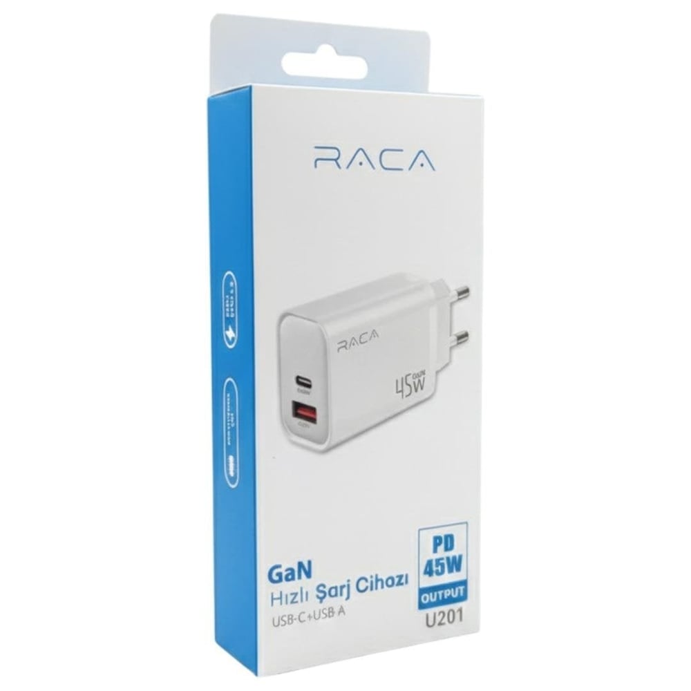 Raca U201 GaN 45 Watt (Type-C PD + USB QC) Yüksek Detaylı Hızlı Şarj Adaptörü - Beyaz