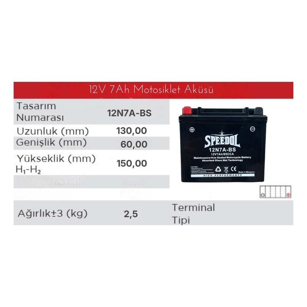 SPEEDOL SP-12N7A-BS MOTOSIKLET AKUSU (AGM TEKNOLOJISI) 12V7AH/95CCA