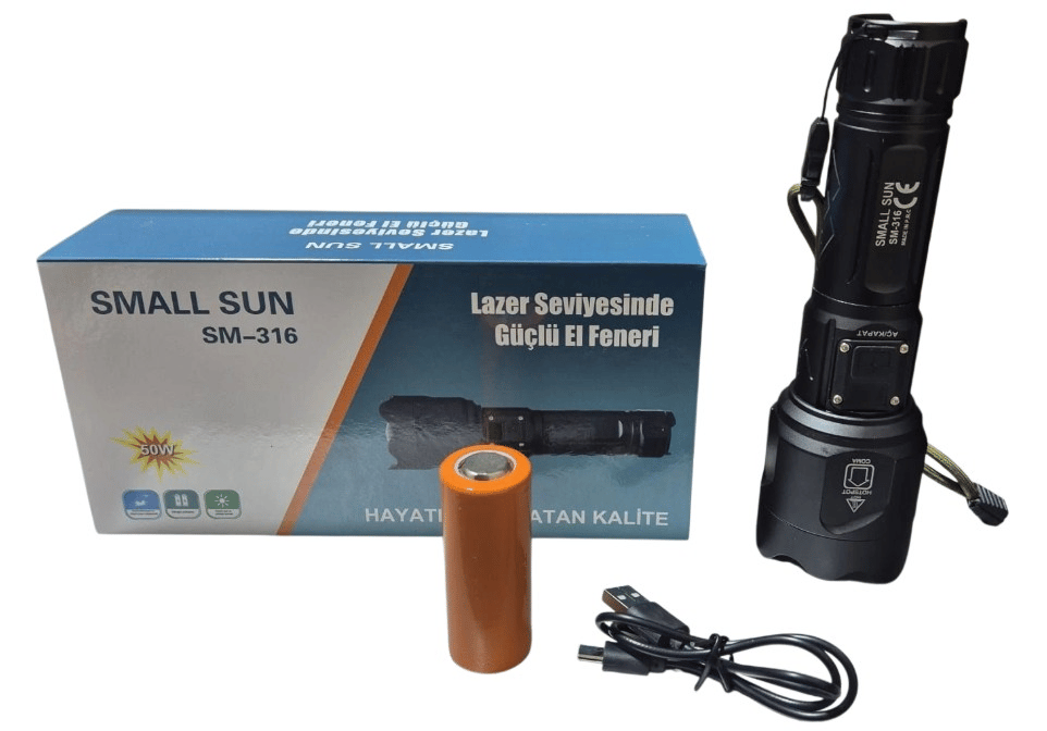 Small Sun SM-316 50W 800 Mt. 1000 LMN Pilli/Şarjlı Metal El Feneri