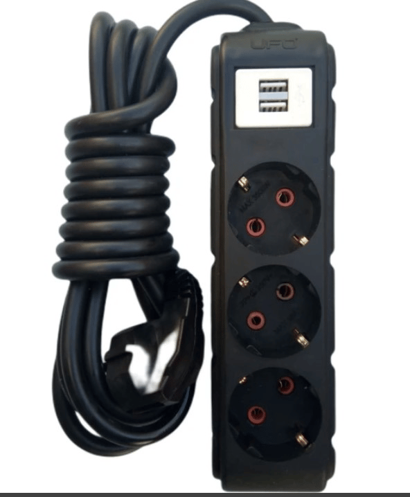 Ufo UFO0009-USB 1.5M 2 USB Li 3 Lü Anahtarlı Akım Korumalı Grup Priz Siyah