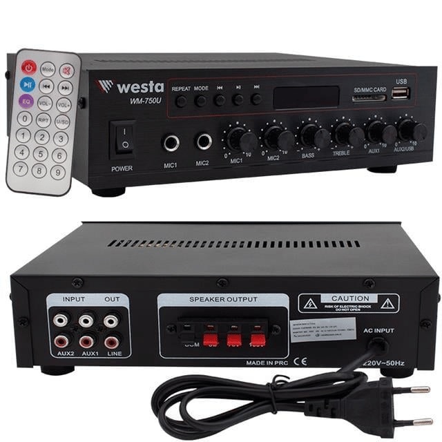 Westa WM-750U 80 Watt 100V-70V Mini 4-16 Ohm USB-SD-Bluetooth 2 Mikrofon Girişli Trafolu Anfi
