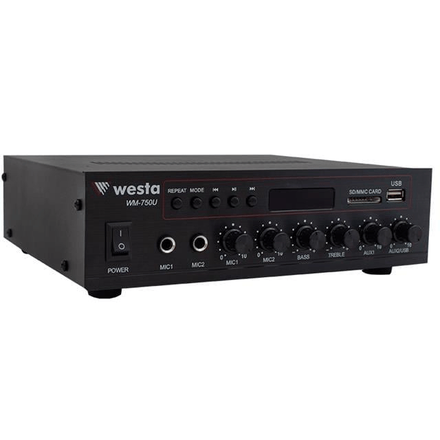 Westa WM-750U 80 Watt 100V-70V Mini 4-16 Ohm USB-SD-Bluetooth 2 Mikrofon Girişli Trafolu Anfi