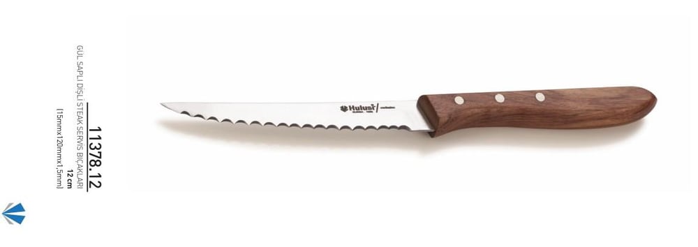 Dişli Steak Servis Bıçağı 12 cm Hulusi Bıçak Perçinli Gül Saplı 15mm X 120mm X 1,5mm 11378.12