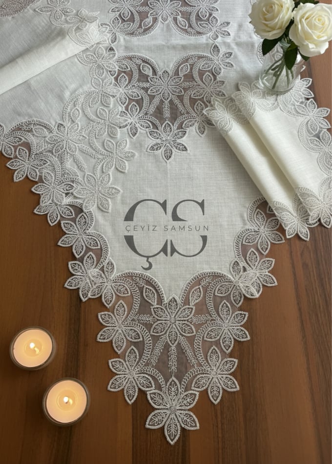 Gelincik Model Salon Takımı - 5 Parça Set - Kırık Beyaz Güpür & Kumaş