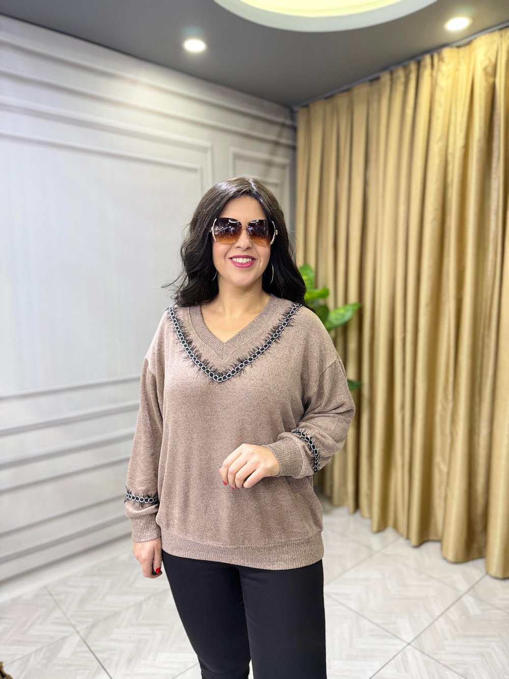 BERRY LUXE YUMOŞ V YAKA KAZAK KAHVERENGİ