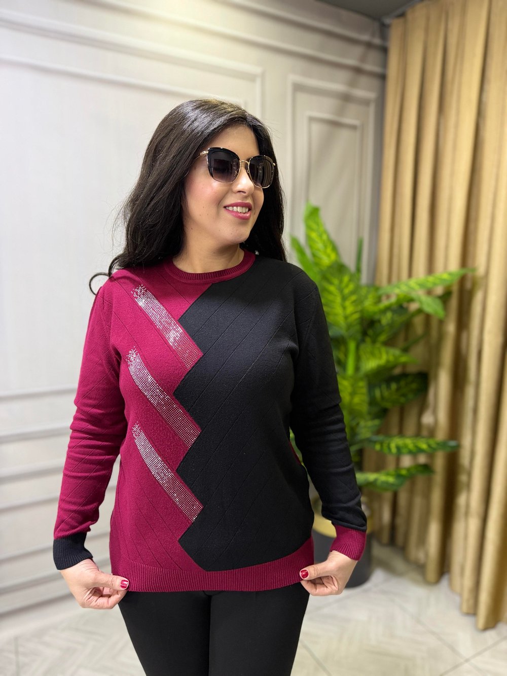 DUAL TONE KAŞMİR TRİKO BLUZ BORDO SİYAH