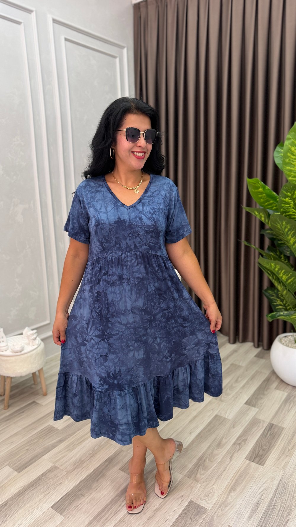FLORA CHIC ELBİSE ESKİTME MAVİ DESEN