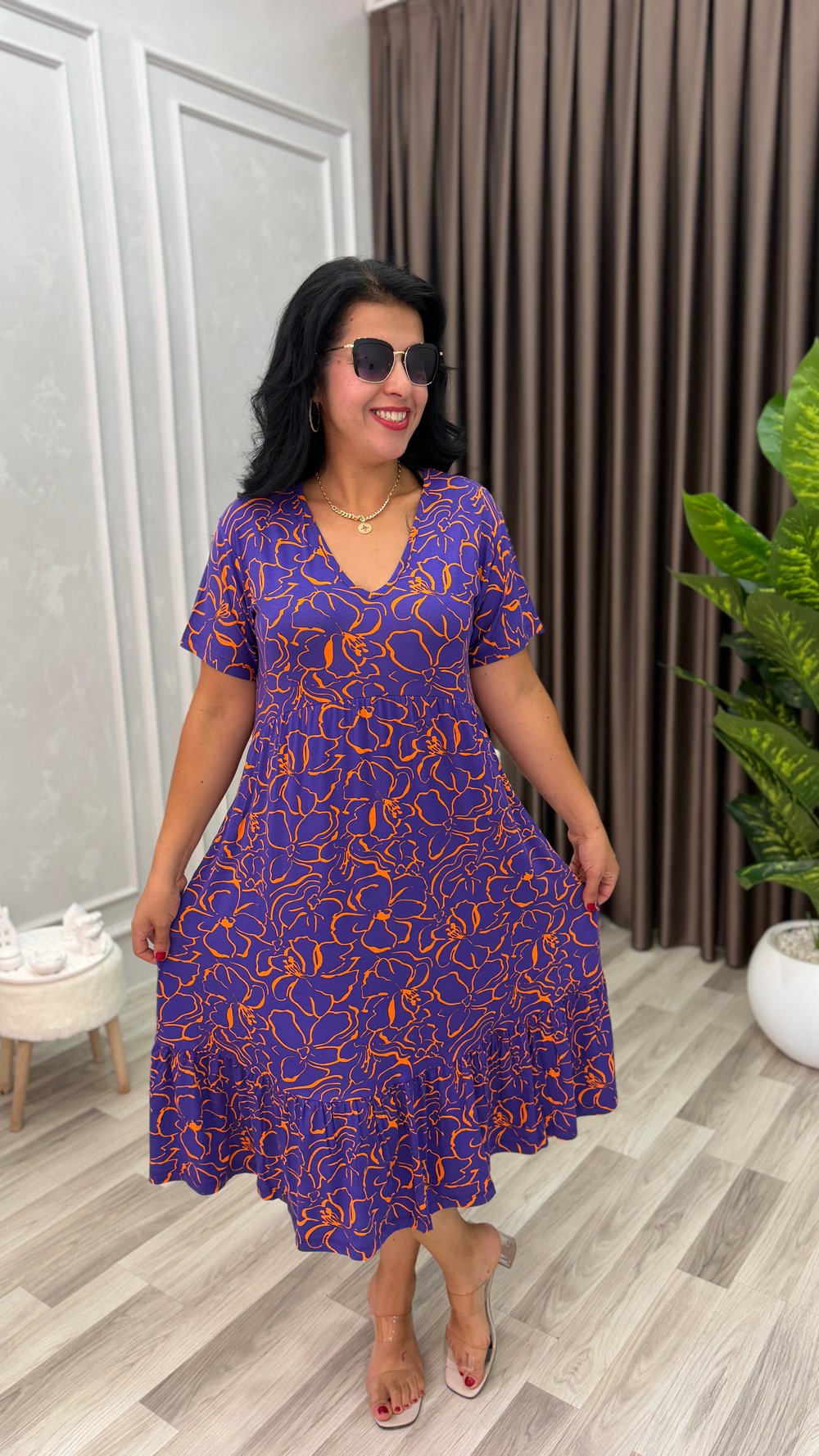 FLORA CHIC ELBİSE MOR ZEMİN TURUNCU ÇİÇEK DESEN
