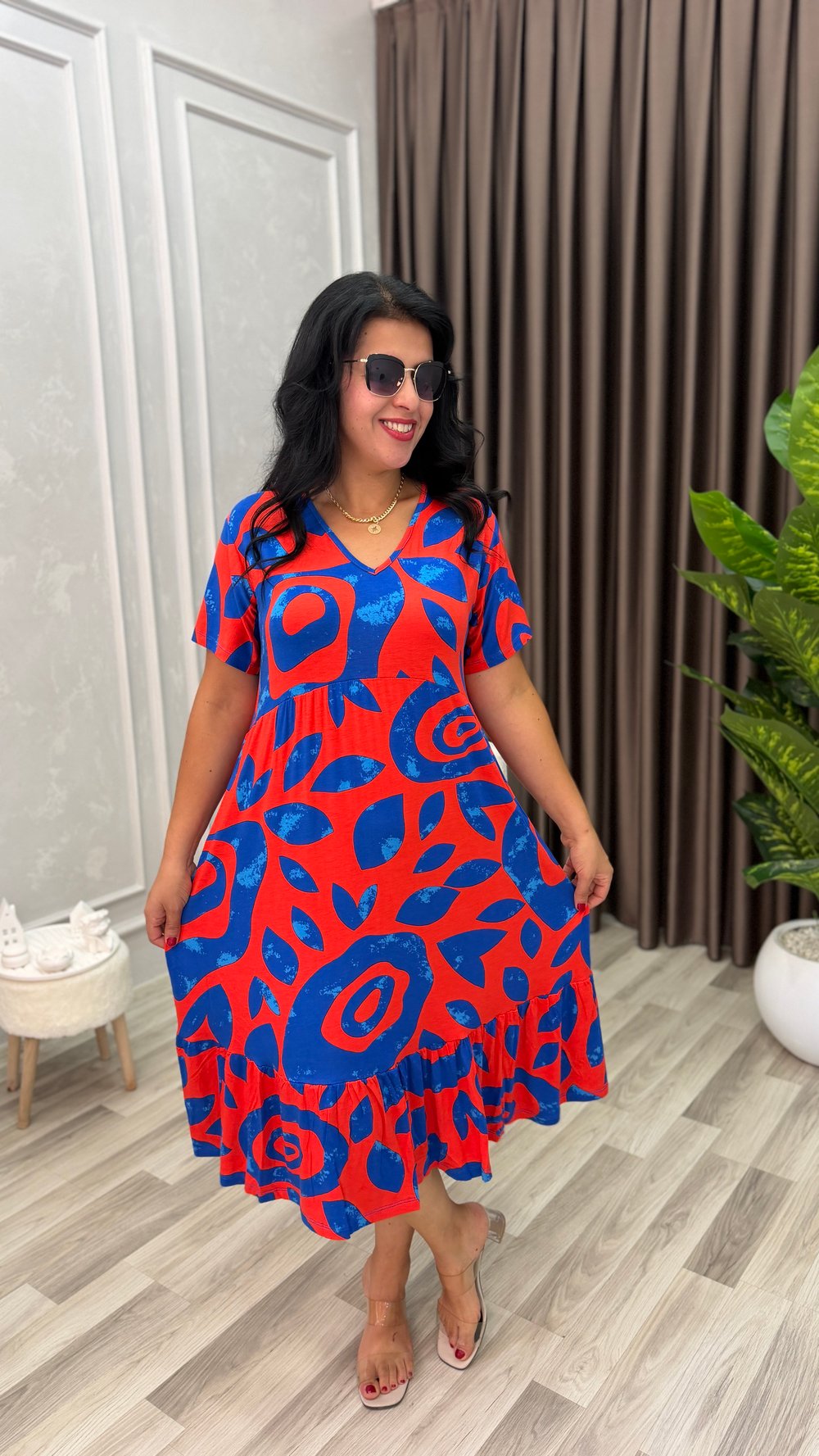 FLORA CHIC ELBİSE TURUNCU ZEMİN MAVİ DESEN