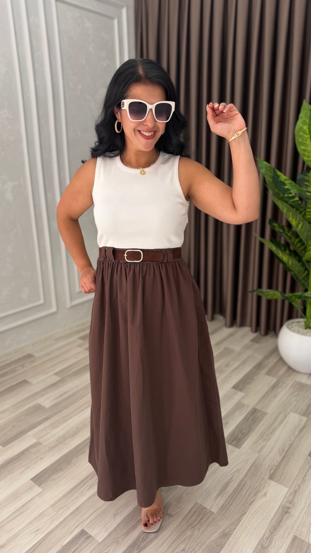 NATURA STYLE KEMERLİ ELBİSE KAHVERENGİ