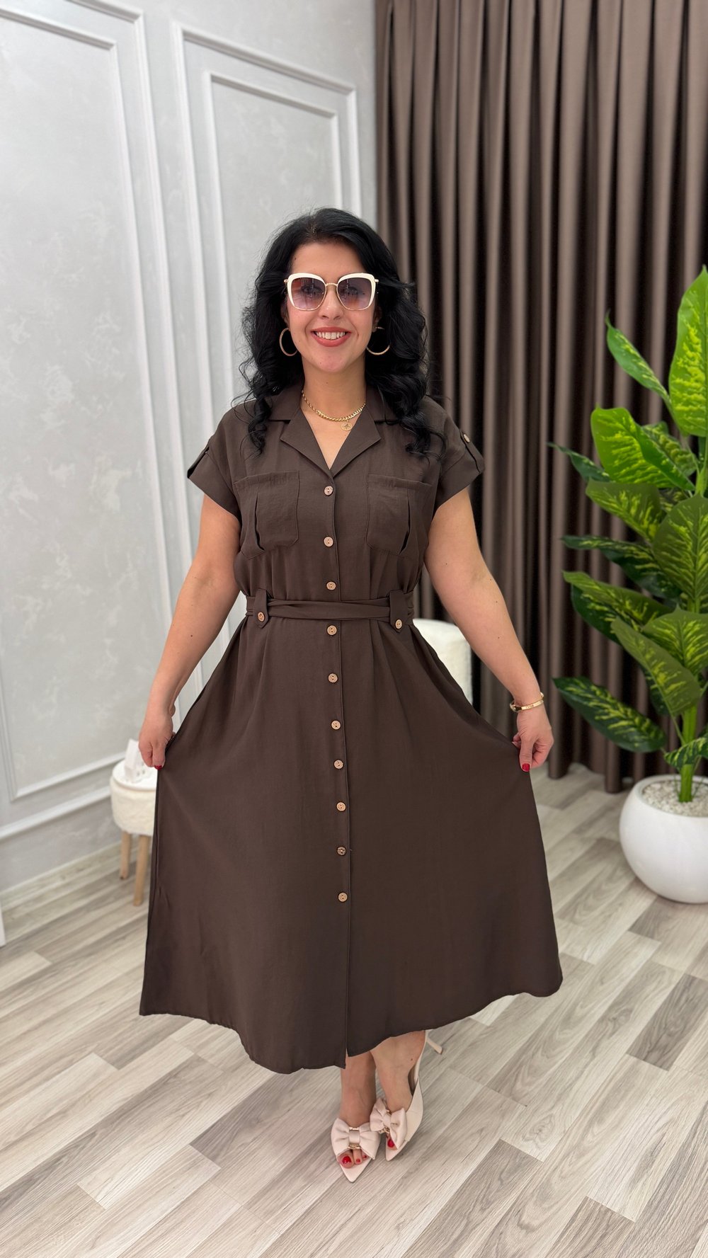PLUS STYLE KETEN ELBİSE KAHVERENGİ