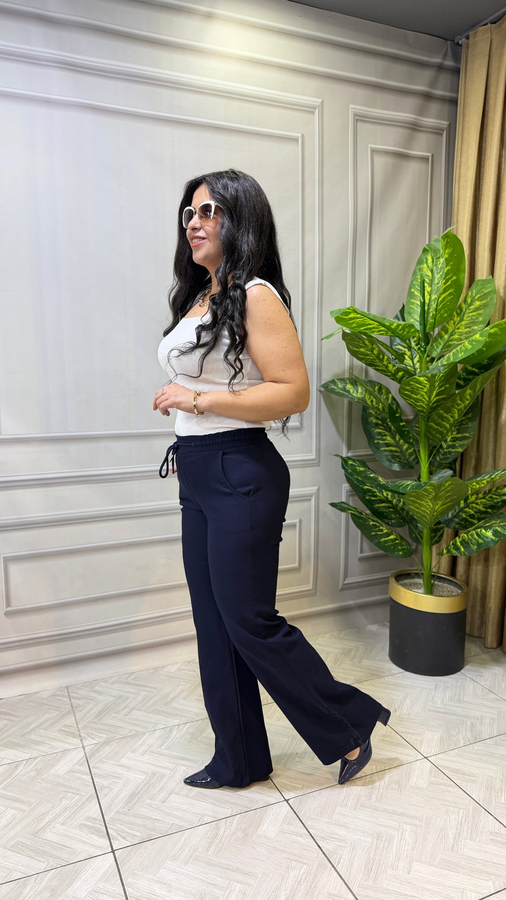 SHINE UP PALAZZO MODEL KETEN PANTOLON LACİVERT