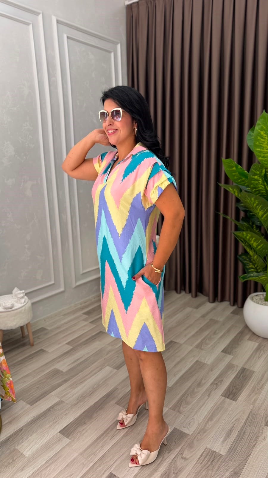 SUMMER BLOOM ELBİSE PUDRA MOR ZİGZAG DESEN