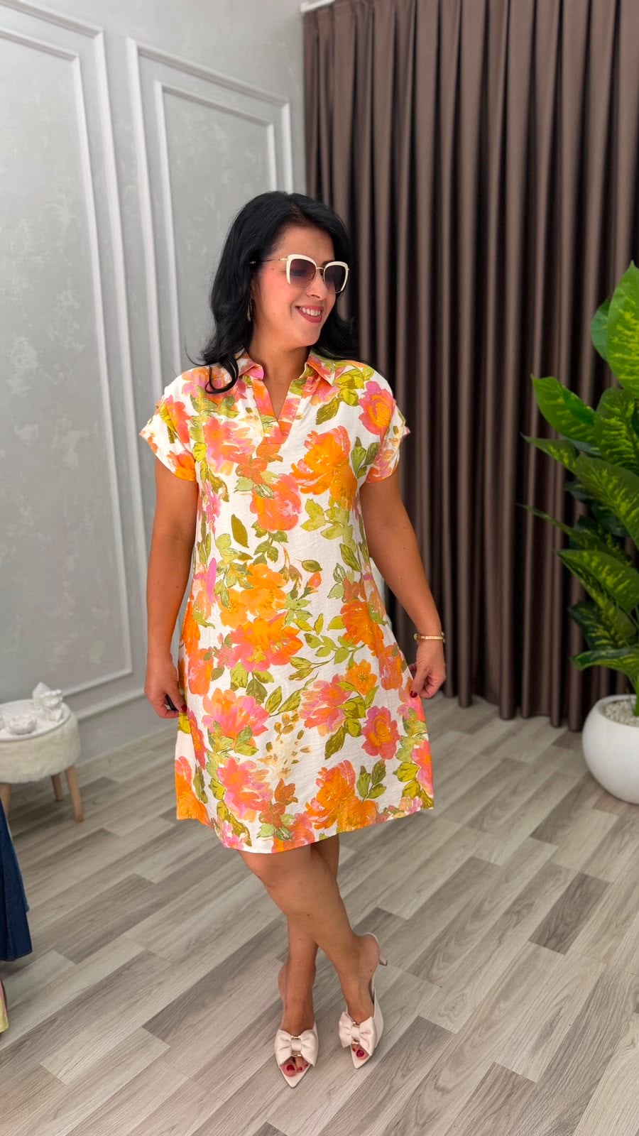 SUMMER BLOOM ELBİSE TURUNCU YEŞİL YAPRAK DESEN