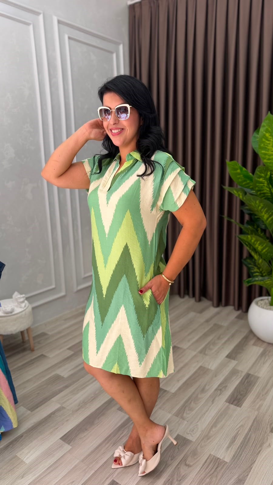 SUMMER BLOOM ELBİSE YEŞİL KREM ZİGZAG DESEN