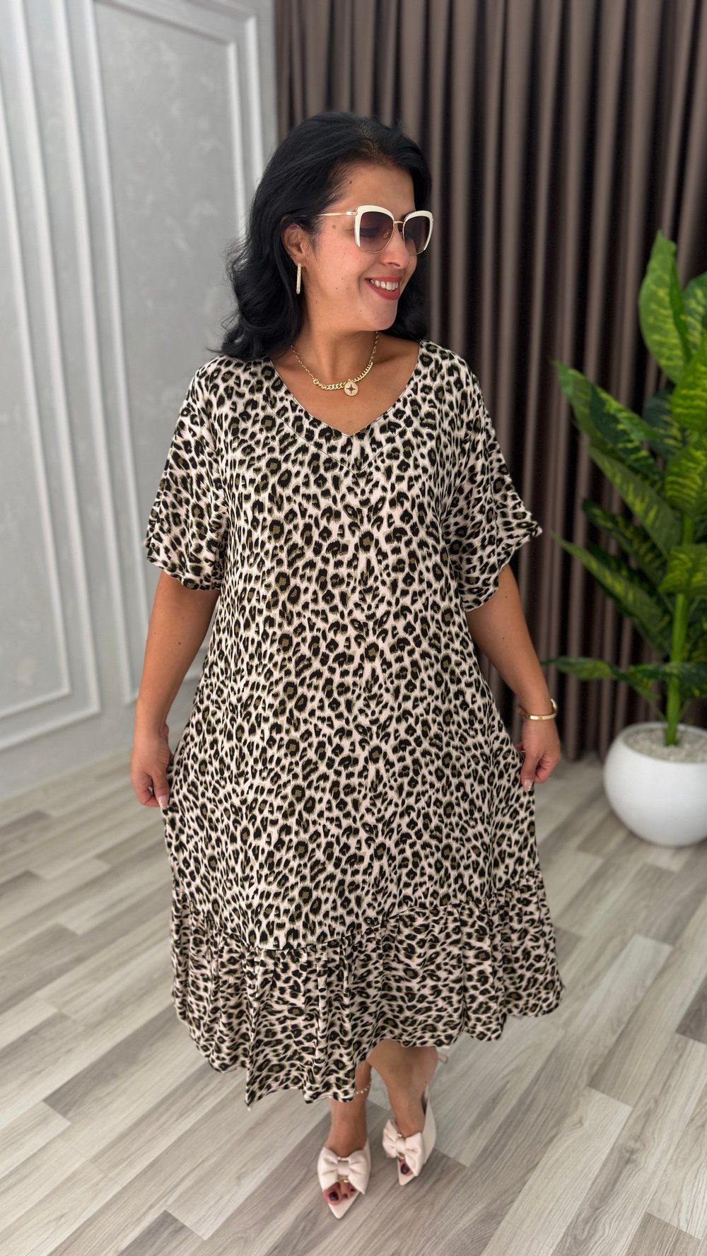 TOSCANA PAMUK DOKUMA ELBİSE AÇIK LEOPAR DESEN