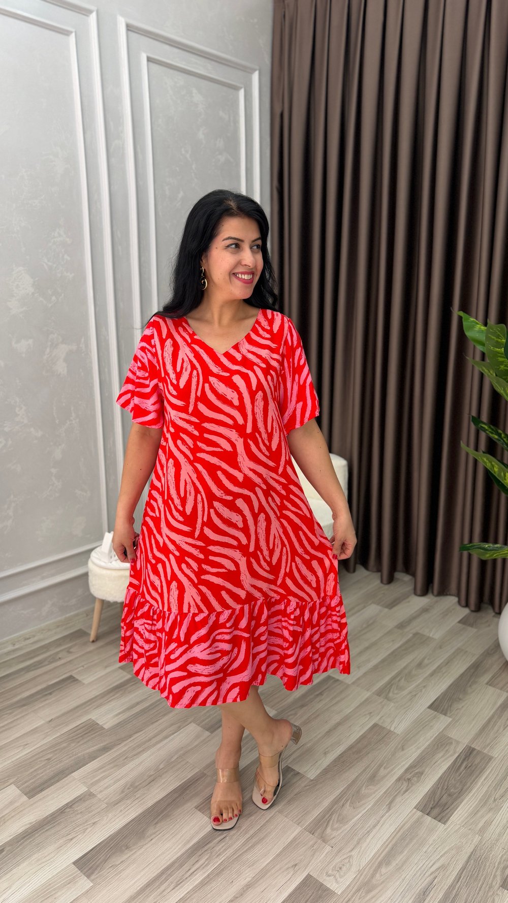 TOSCANA PAMUK DOKUMA ELBİSE NAR ÇİÇEĞİ ZEMİN ZEBRA DESEN