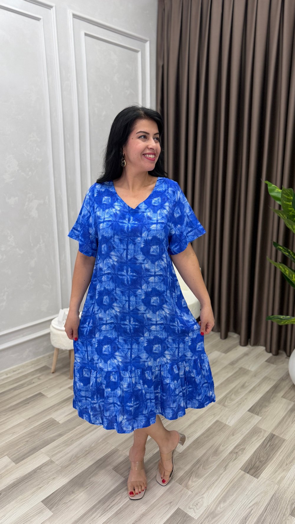 TOSCANA PAMUK DOKUMA ELBİSE SAKS MAVİ ZEMİN ETNİK DESEN 