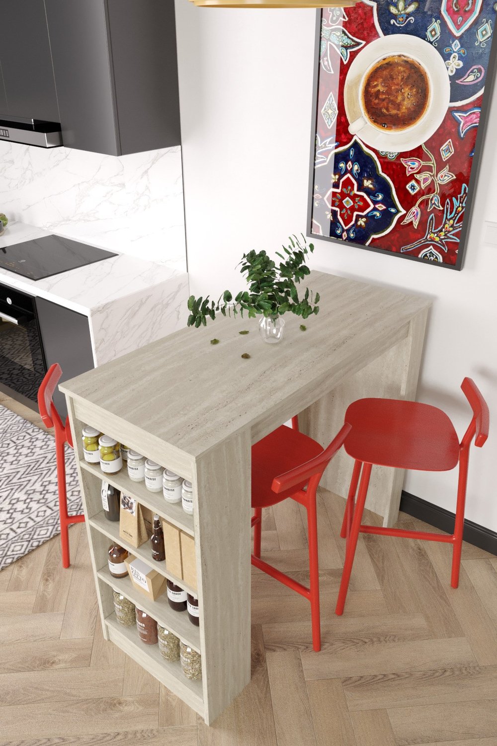 Bar Masası Çok Amaçlı Raflı Ada Mutfak Yemek Masası - Traverten Desen