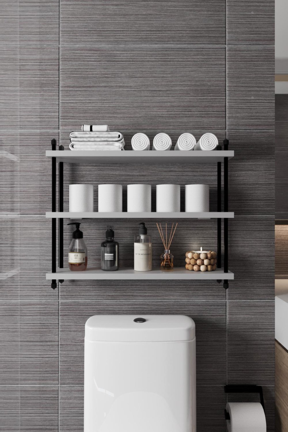 İnci Klozet Arkası Çok Amaçlı Banyo Düzenleyici Klozet Üstü Raf ve Organizatör 60 cm - Sis Gri