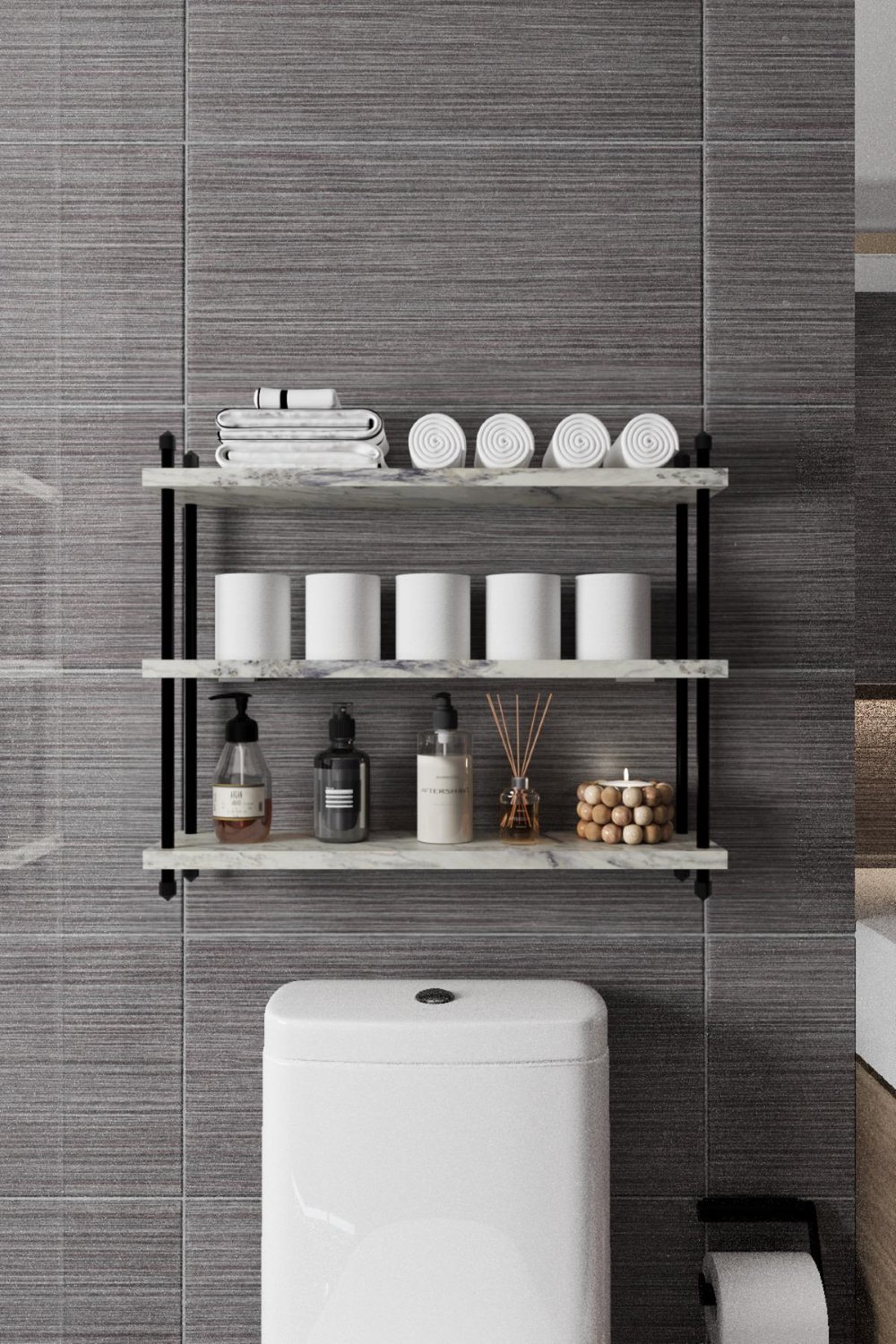 İnci Klozet Arkası Çok Amaçlı Banyo Düzenleyici Klozet Üstü Raf ve Organizatör 60 cm - Mermer Desenli