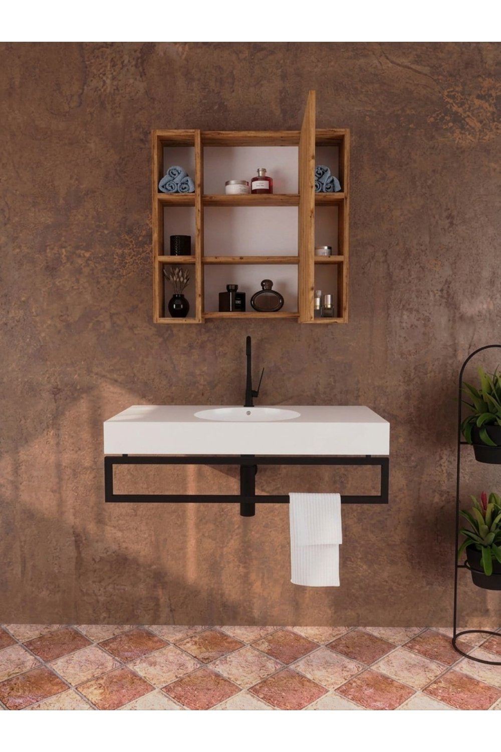 Yağmur Lavabo Üstü Aynalı Dolap, Tek Kapaklı Çift Taraflı Raflı Aynalı Banyo Dolabı - Atlantik Çam