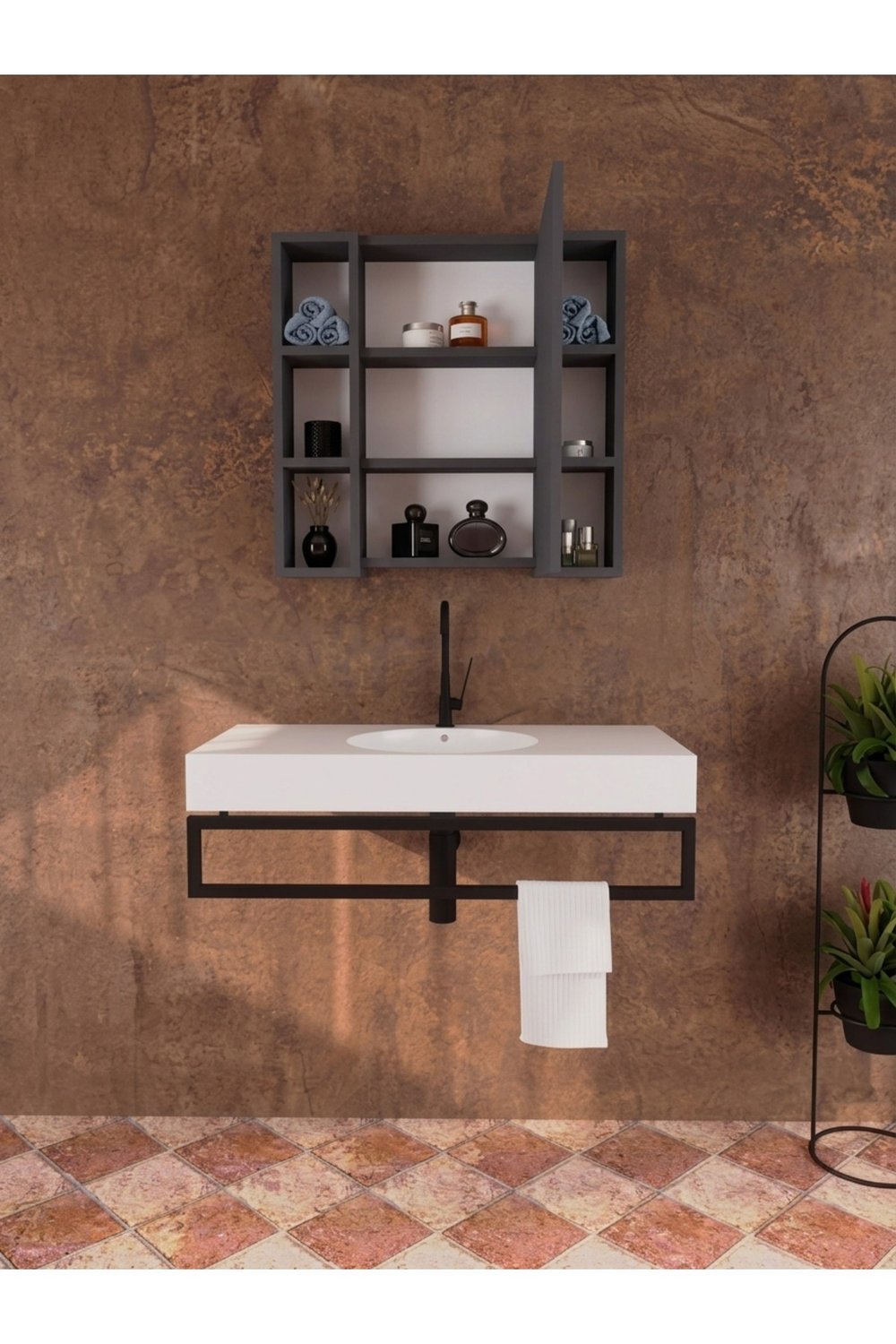 Yağmur Lavabo Üstü Aynalı Dolap, Tek Kapaklı Çift Taraflı Raflı Aynalı Banyo Dolabı - Antrasit