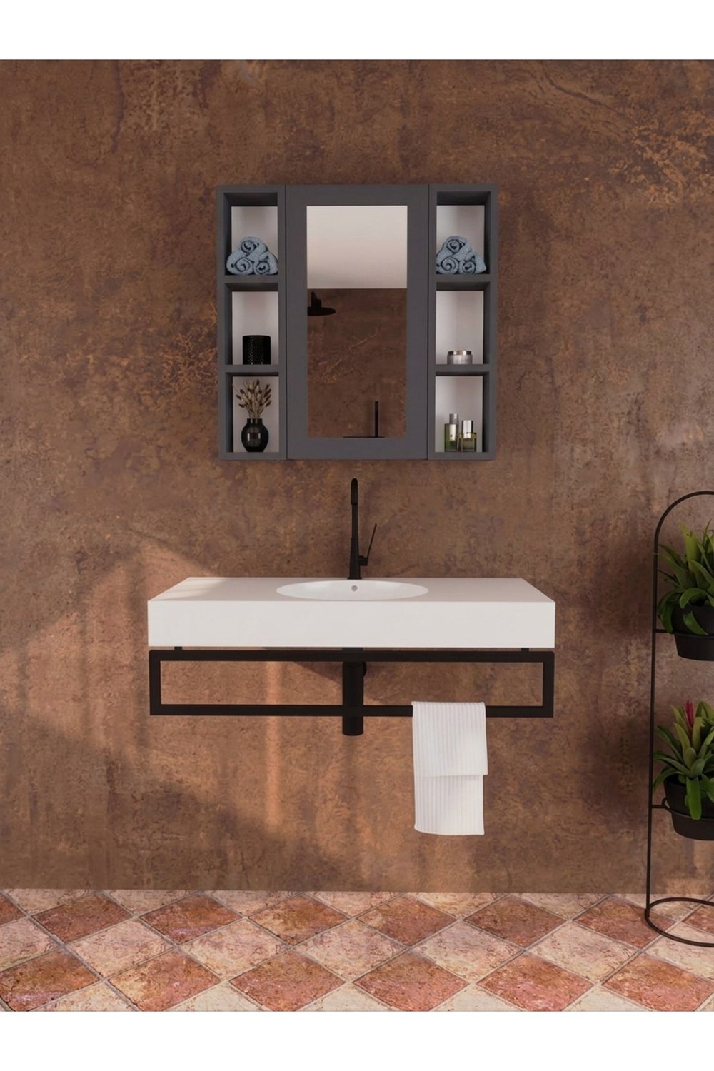 Yağmur Lavabo Üstü Aynalı Dolap, Tek Kapaklı Çift Taraflı Raflı Aynalı Banyo Dolabı - Antrasit