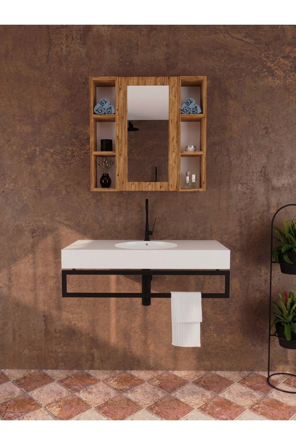 Yağmur Lavabo Üstü Aynalı Dolap, Tek Kapaklı Çift Taraflı Raflı Aynalı Banyo Dolabı - Atlantik Çam