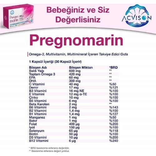 Acvison Pregro Marin Hamileler Için Omega 3 Multivitamin Multimineral Içeren Gıda Takviyesi