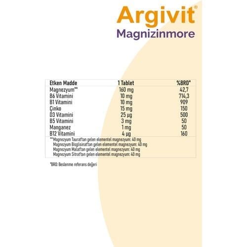 Argivit Magnizinmore Magnezyum, Çinko ve Vitamin D Içeren Takviye Edici Gıda 60 Tablet